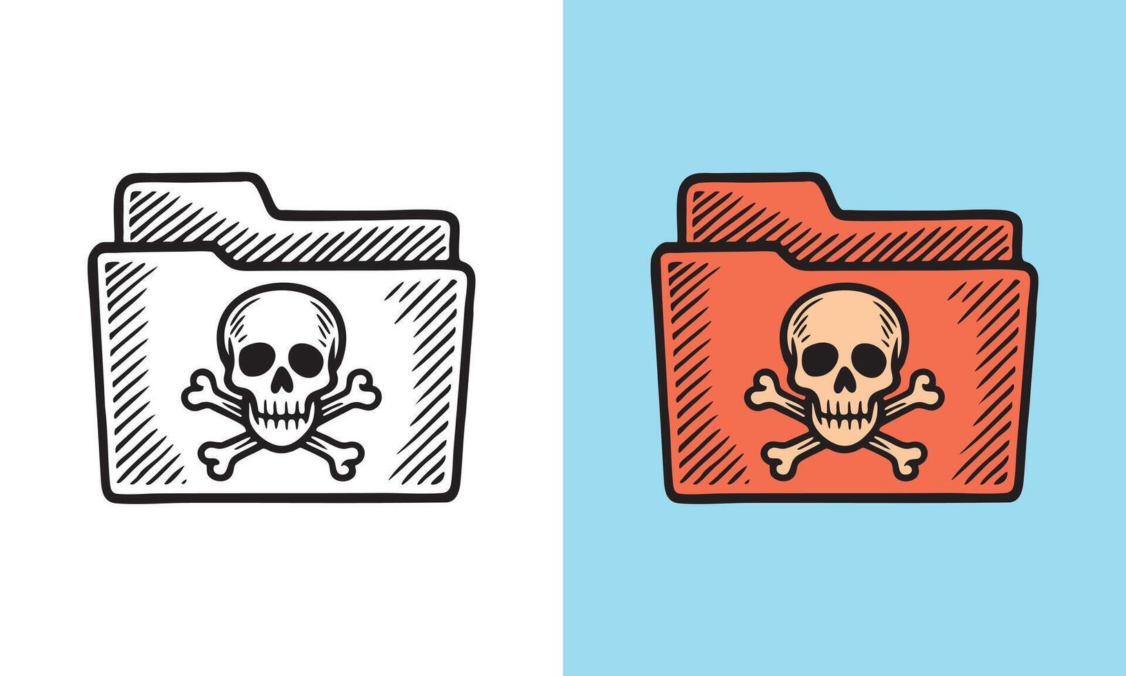 A folder icon featuring a skull and crossbones symbol, drawn with bold lines for a warning-themed design. vector