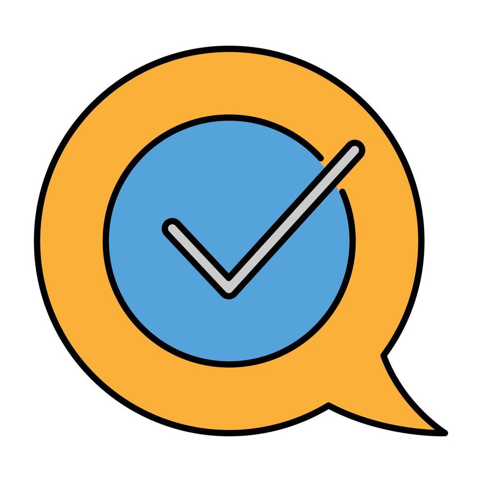 Speech bubble with a blue circle containing a grey checkmark, symbolizing successful communication, verified information, approved messages, and confirmed tasks or feedback. vector