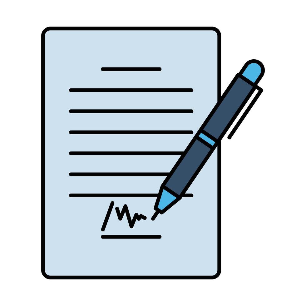 A document with text lines, a signature, and a pen, symbolizing a signed contract, agreement, or legal form. vector