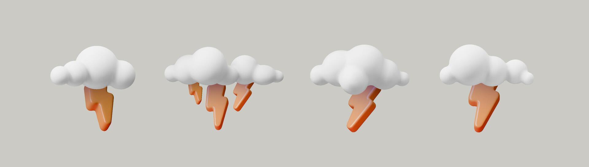 3D lightning cloud icons with soft white clouds and matte yellow bolts. Minimal weather symbols for storm, thunder and forecast visuals. Clean isolated render for apps, stickers and modern design vector