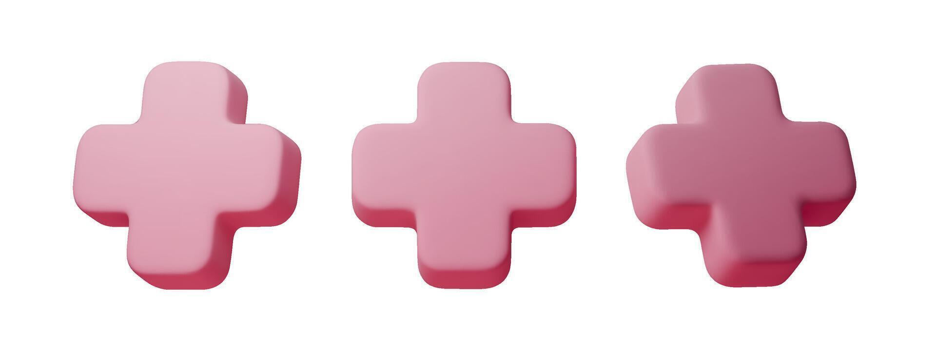 Soft pink 3D plus icons with smooth matte shapes. Minimal symbols for UI, stickers, buttons, health and design elements. Clean isolated render with modern rounded style vector