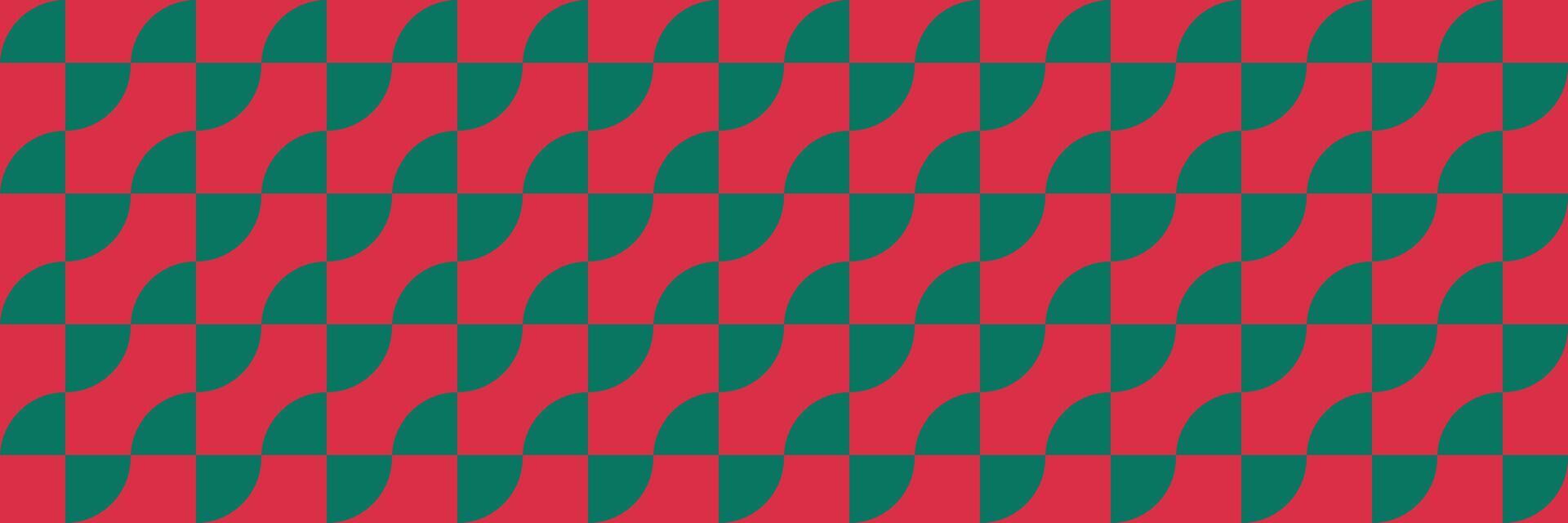 Cristmas Seamless geometric pattern with alternating red and green squares and quarter circles. Abstract graphic design for holiday background or textile vector