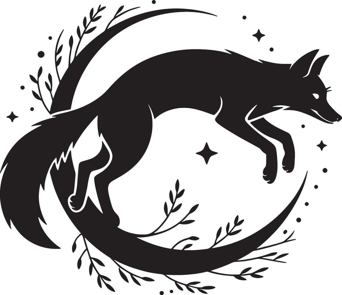 Silhouette of a fox jumping around a crescent moon with celestial elements vector