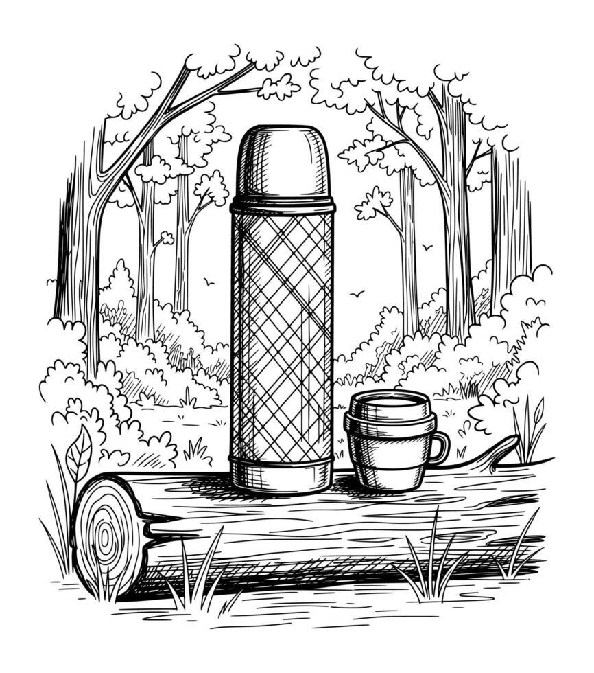 Thermos and Cup on Log in Forest Setting vector