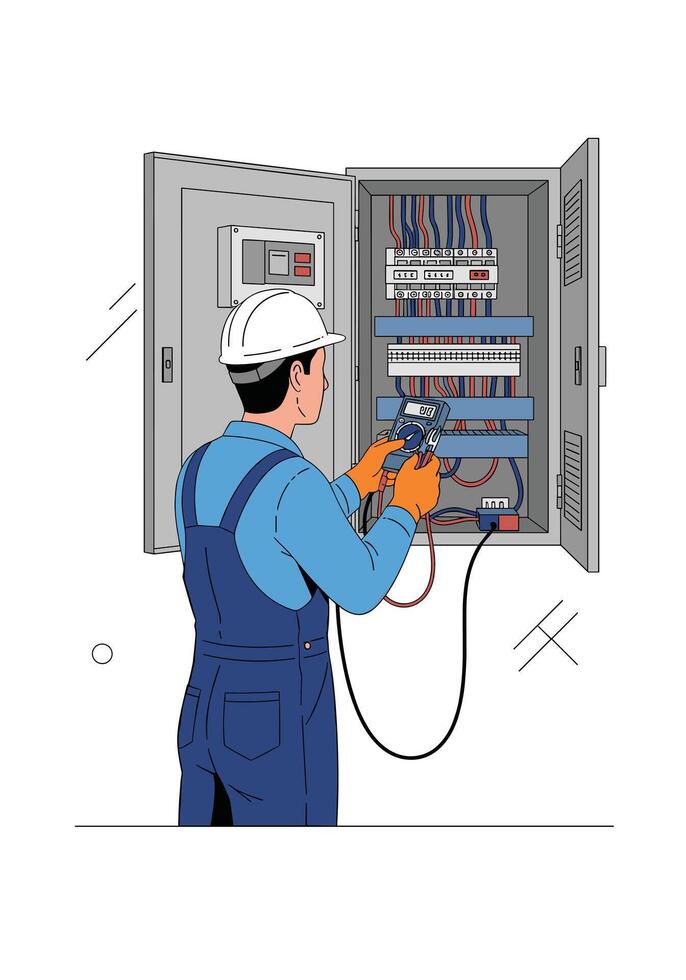 Professional electrician in a hard hat and overalls using a multimeter to check the wiring in an open electrical panel. vector