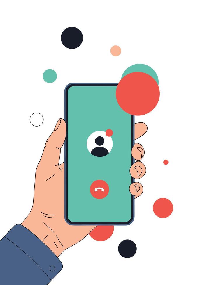 Hand holding a smartphone with an incoming call notification on the screen against an abstract background with circles. vector