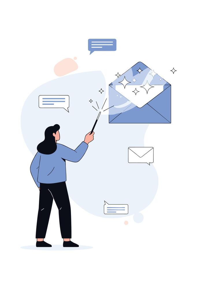 A person uses a magic wand to cast a spell on a sparkling email envelope symbolizing creative and effective email marketing. vector