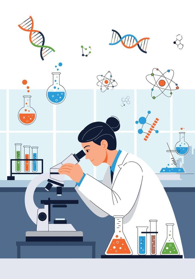 A dedicated female scientist in a white lab coat conducts important research by analyzing samples through a microscope in a laboratory. vector