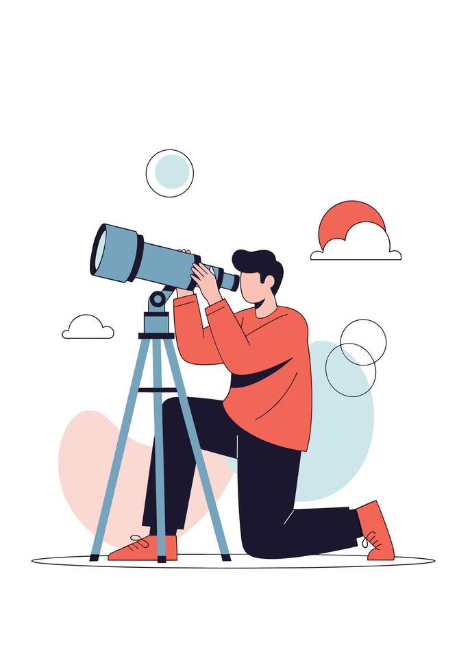 Young man looking through a large telescope on a tripod to observe the stars and planets in the sky discovering the universe. vector