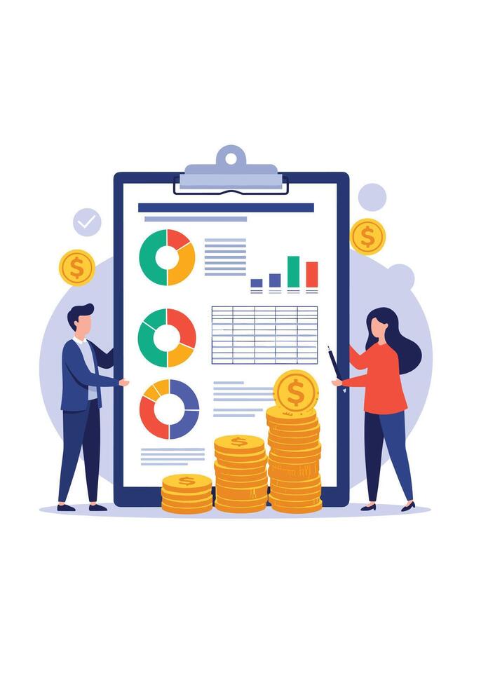 Business team analyzing financial performance on a large clipboard with pie charts bar graphs and stacks of gold coins. vector