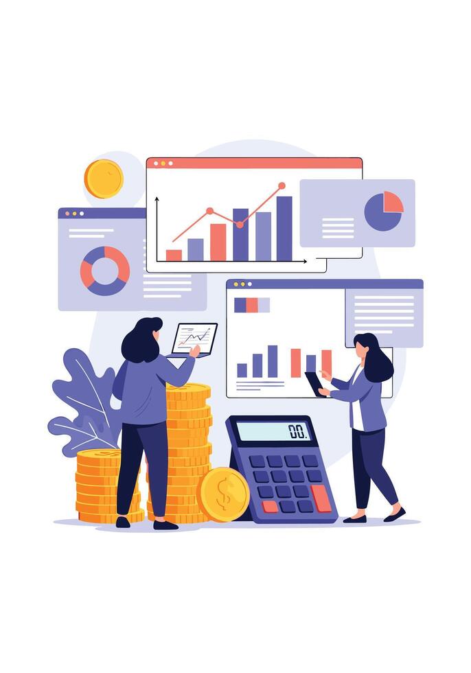 Two businesswomen collaborate on financial analysis using laptops and tablets with data charts surrounded by stacks of gold coins. vector