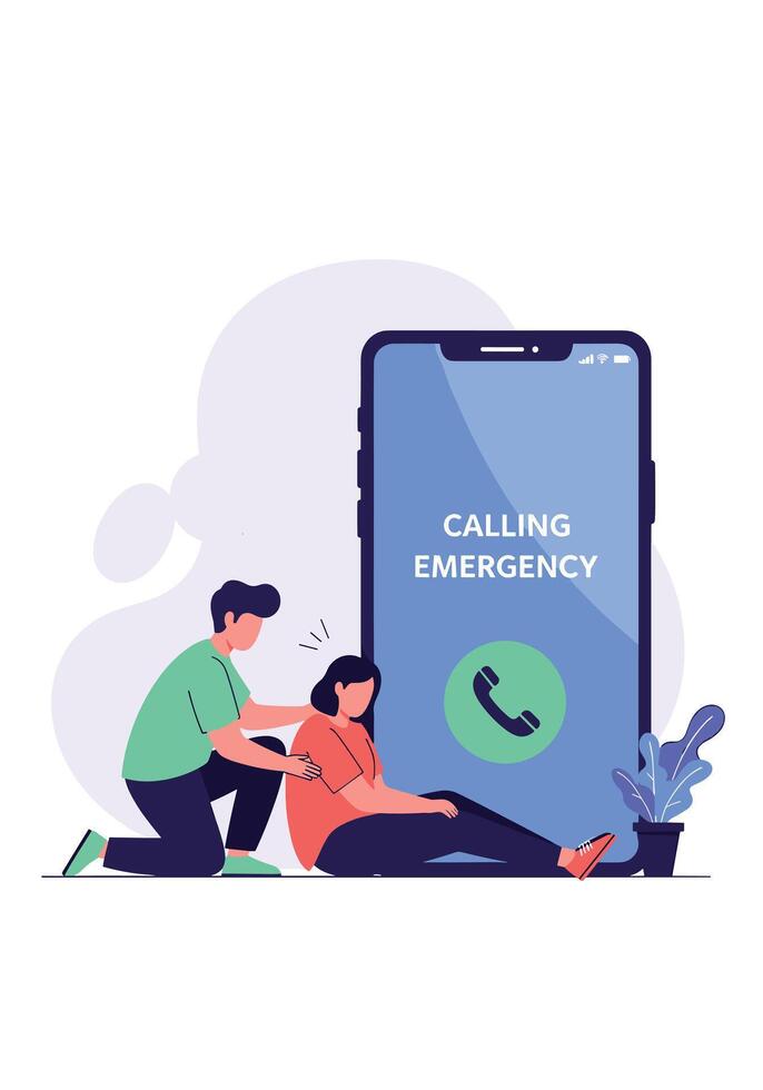 Man helping a fainted woman while calling for an emergency on a large smartphone with an ambulance call button on screen. vector