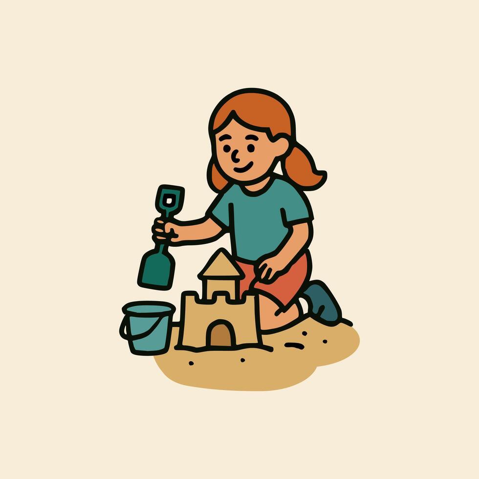 Smiling child playing in sand with toy tools, constructing sandcastle, cute flat on beige background vector