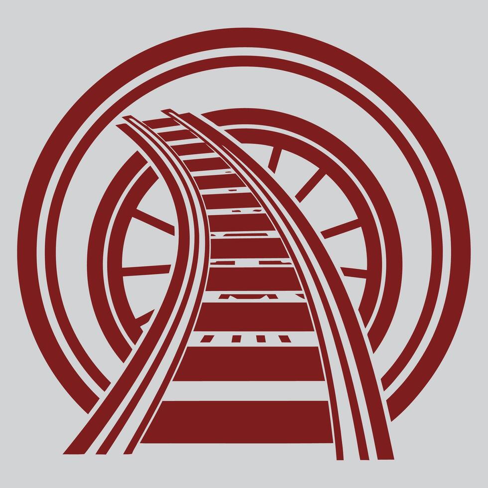 Dynamic emblem featuring a curving railway track over a stylized train wheel, symbolizing journey, progress, and transportation in a striking graphic design vector