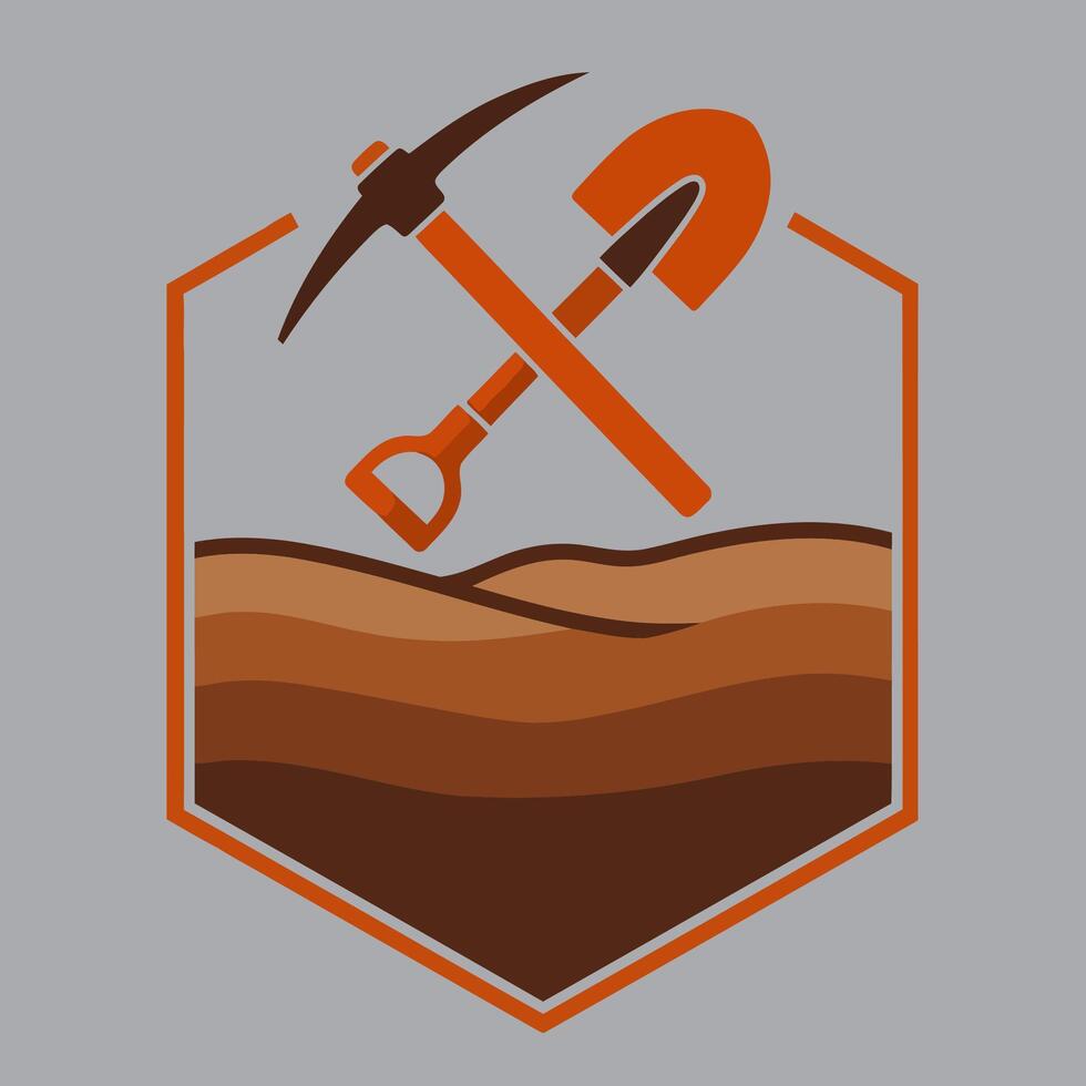 Illustration of a pickaxe and shovel crossing over layers of earth within a hexagonal emblem vector