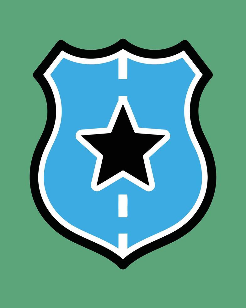 Striking blue and black graphic shield emblem with a prominent star design and road pattern, representing themes of security, journey, and community service vector