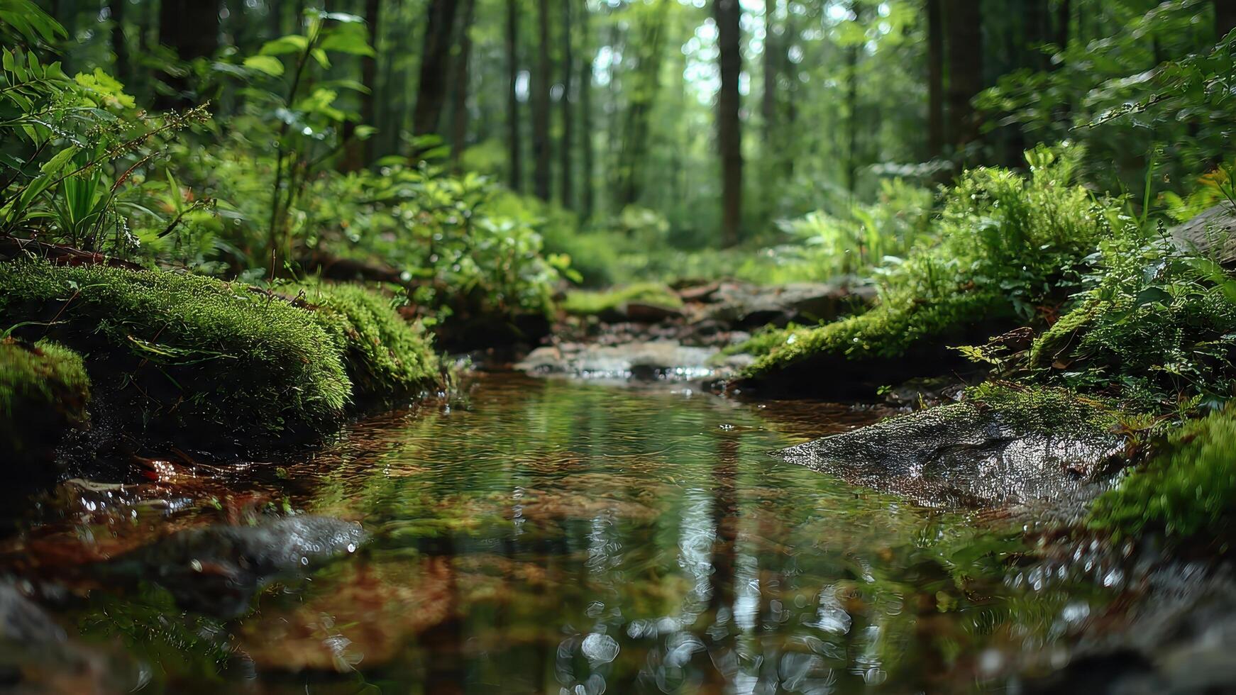 Shallow forest stream flows over moss covered rocks creating reflections with blurred background trees photo