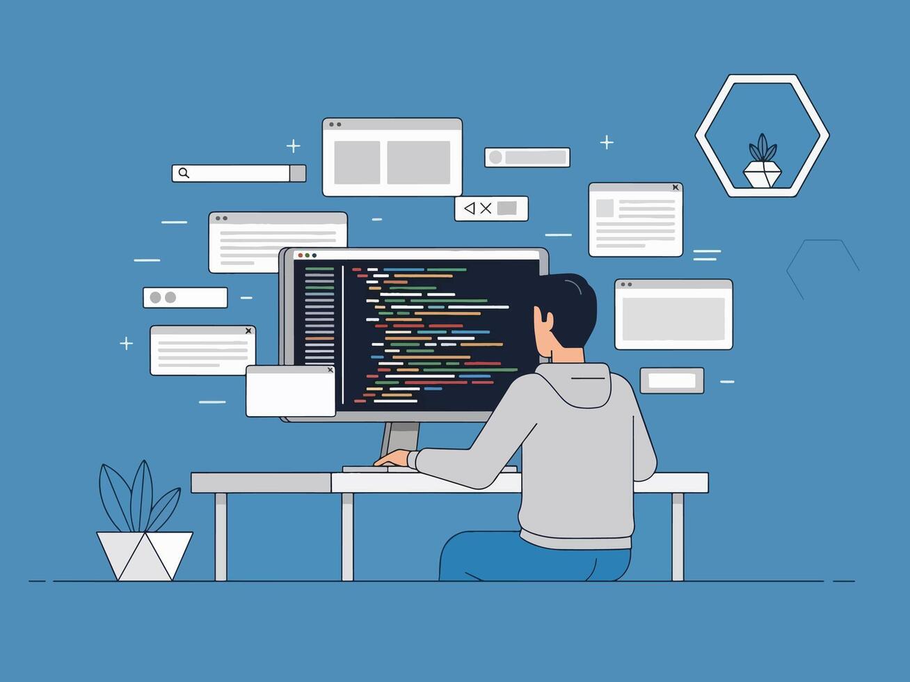 programador trabajando en un computadora con múltiple ventanas abierto vector
