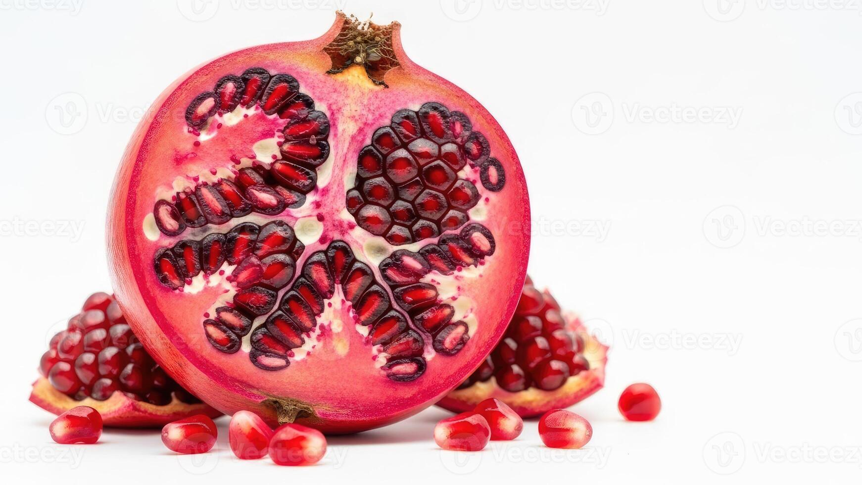 Vibrant and juicy, a freshly halved red pomegranate bursts with ruby-like arils, elegantly arranged on a crisp white background, showcasing its rich color and natural healthy goodness photo