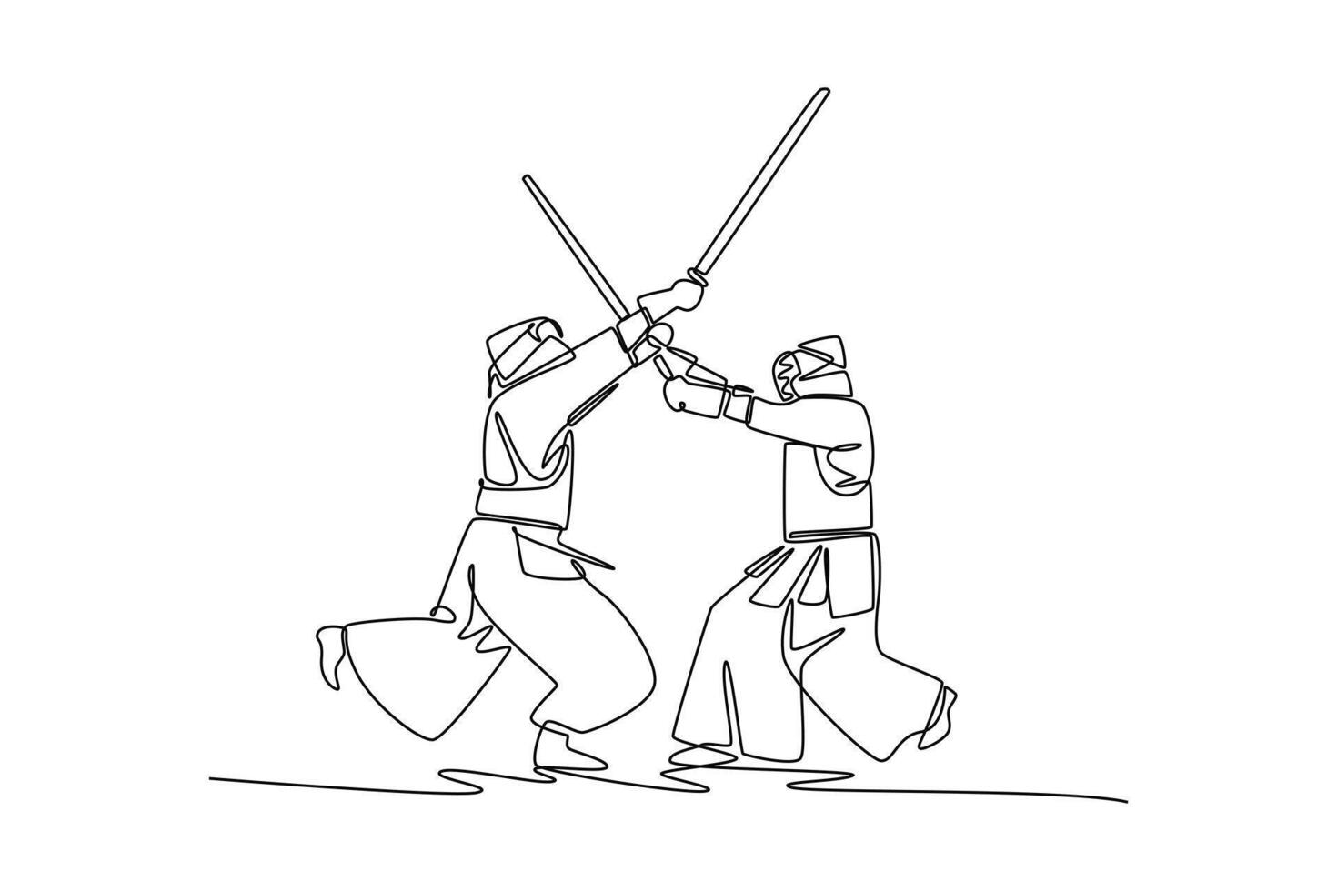 Single continuous line drawing two men Kendo athletes in full bogu armor, are engaged in a fierce sword clash. Dynamic combat and martial discipline. One line draw graphic design illustration vector
