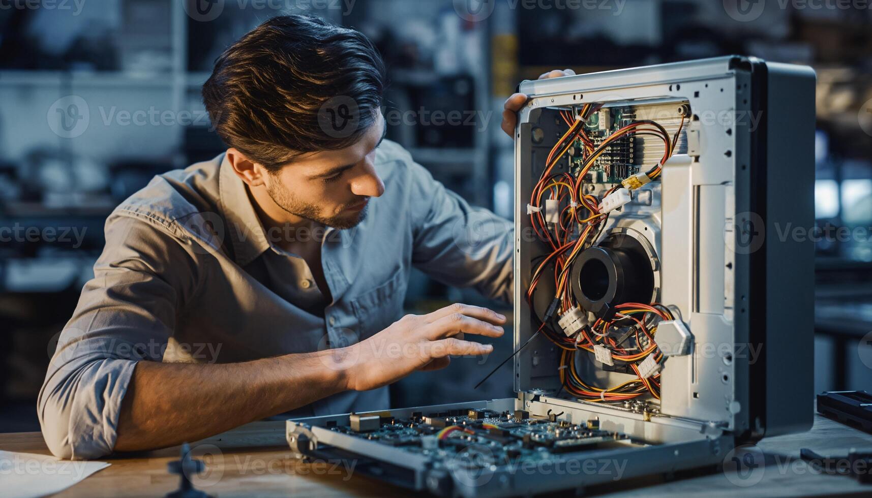 Skilled Engineer Assembling Custom PC Computer Hardware Inside Open Case Technologist Working on IT Project Electronics Repair Service Troubleshooting and Maintenance photo