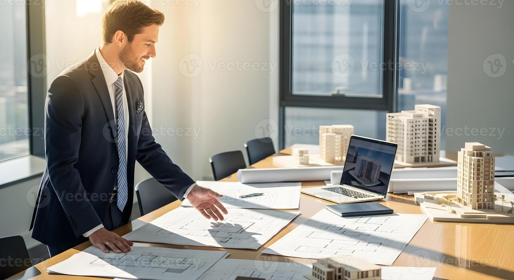 Architect's Review A Professional Architect Examining Blueprints and Architectural Models for Project Development and Design Review photo