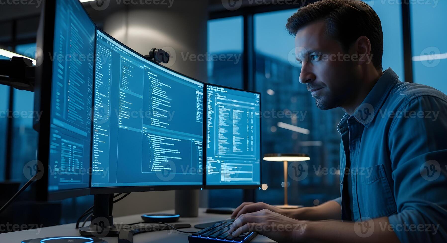 concentrado software ingeniero a trabajo codificación en múltiple computadora pantallas con atención y pericia en desarrollo y datos foto