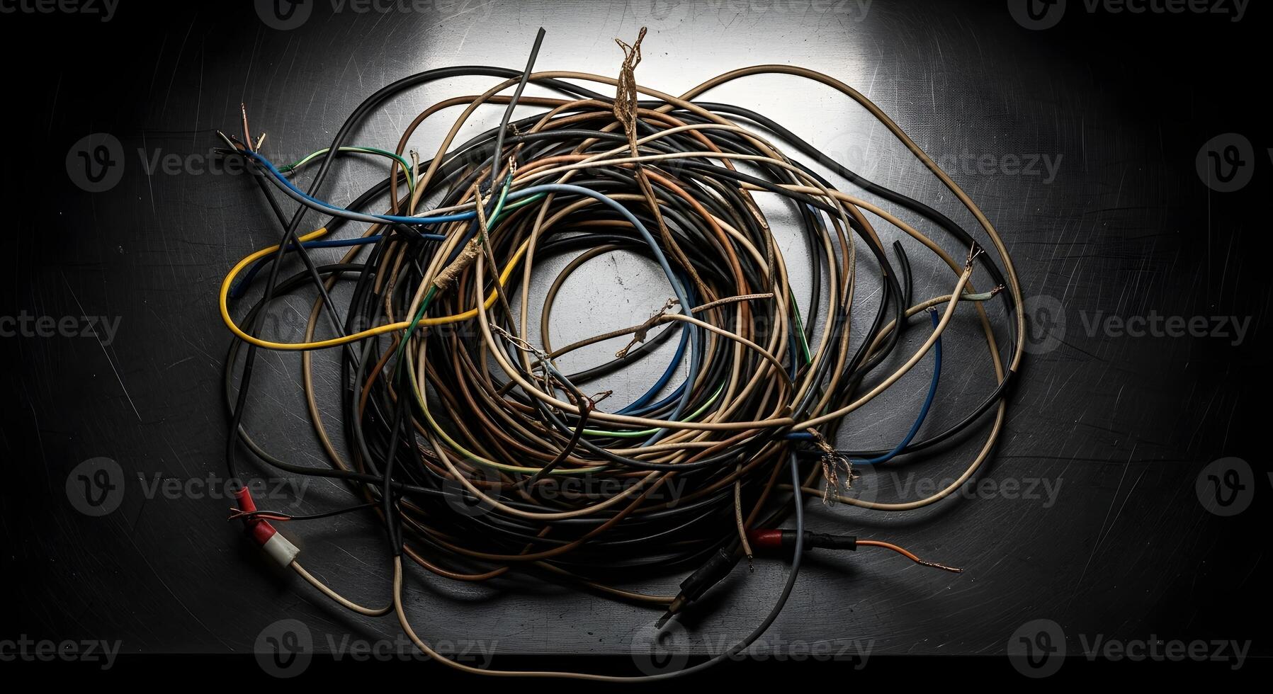 Tangled Mass of Electrical Wires on Dark Background A Complex Web of Connections and Potential Hazards, Illustrating Clutter and Disorganization. photo