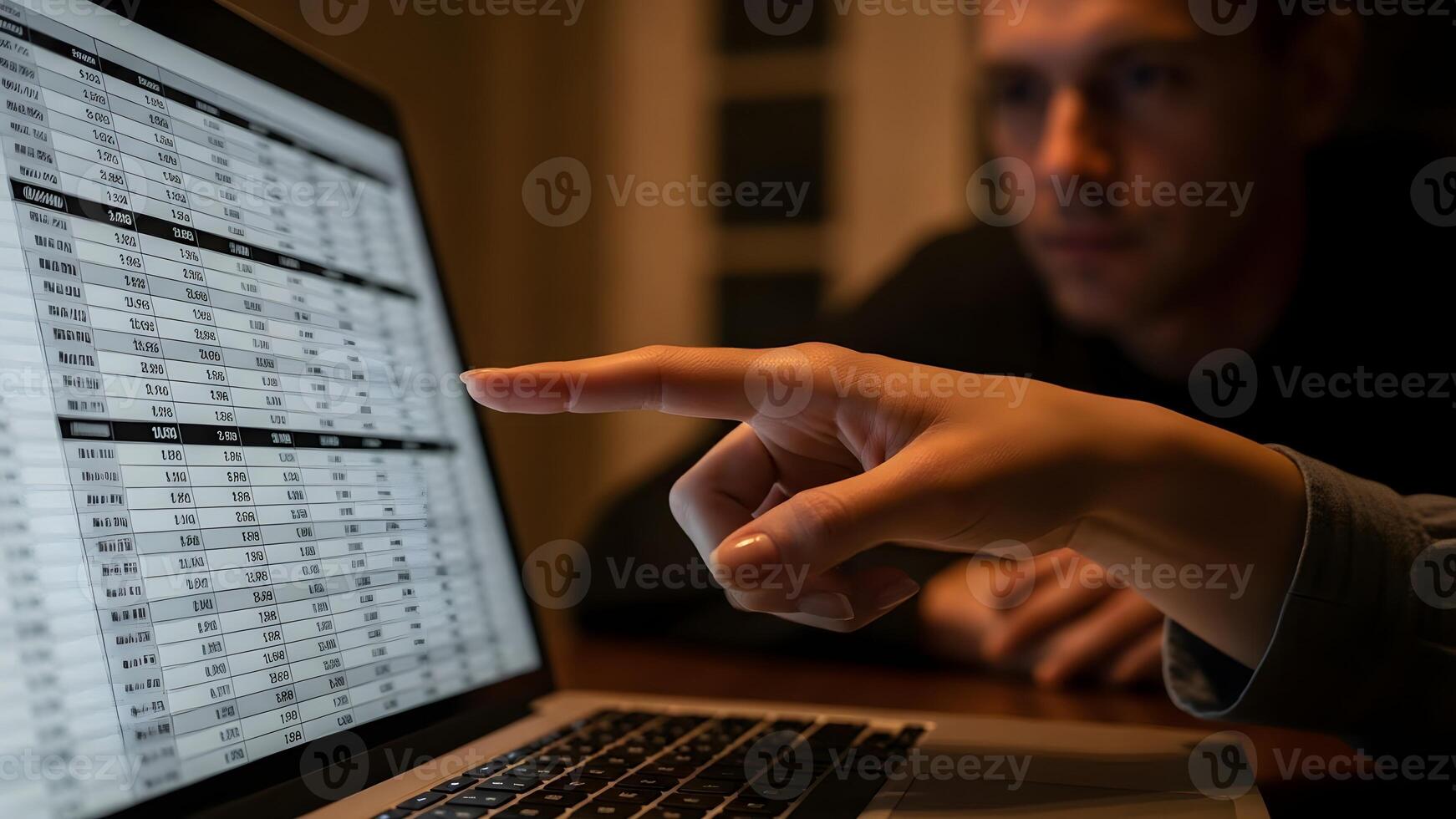 Examining Financial Data A Close-Up Perspective of a Person's Hand Pointing at Data Displayed on a Laptop Screen photo