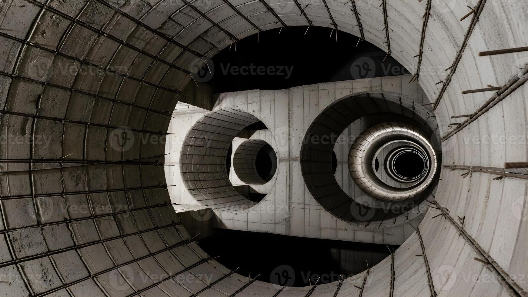 A captivating abstract view inside a modern concrete industrial structure with multiple concentric circular tunnels creating a deep perspective. photo