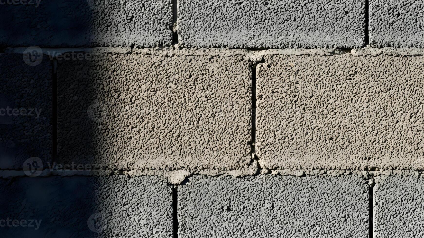 Sunlight highlights the rough texture of a concrete block wall casting a sharp shadow on the left. photo