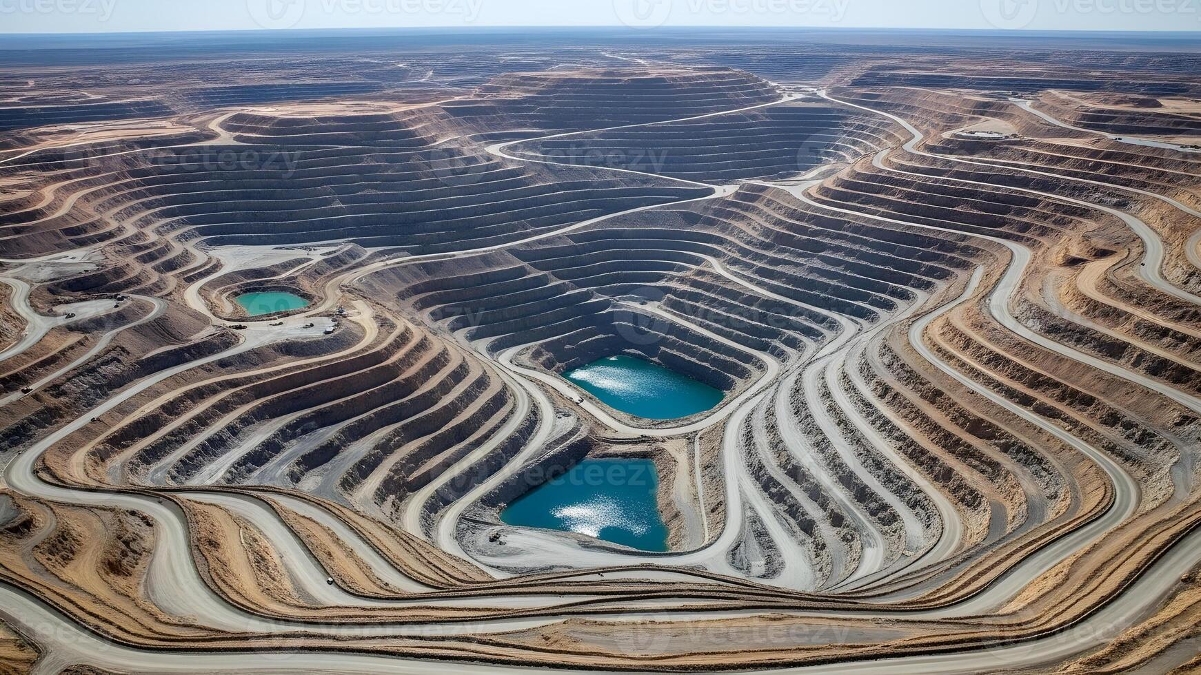 Aerial view shows a large open pit mine with tiered levels and pools of water. photo