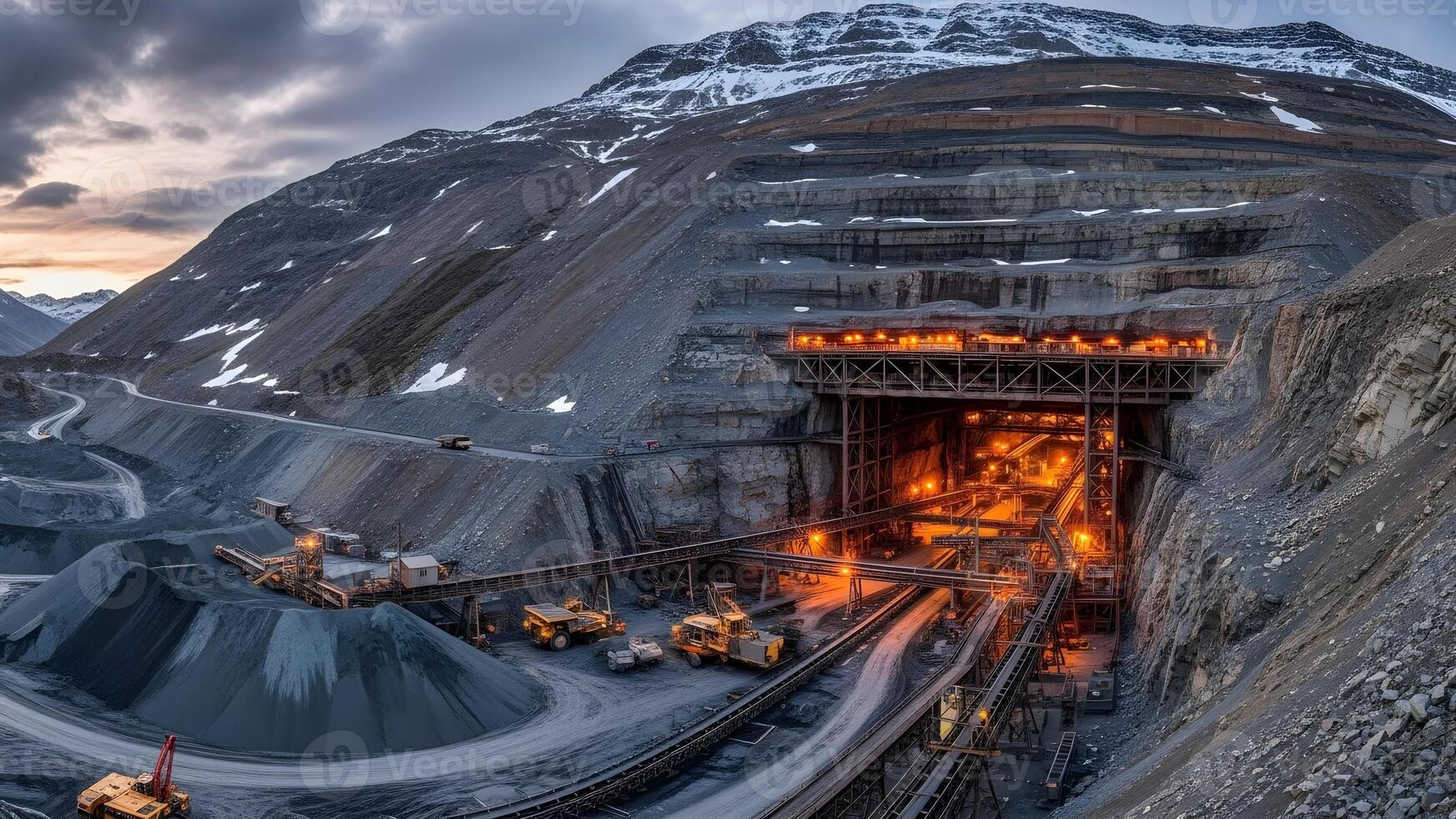 Massive openpit mine with illuminated structures and heavy machinery. photo