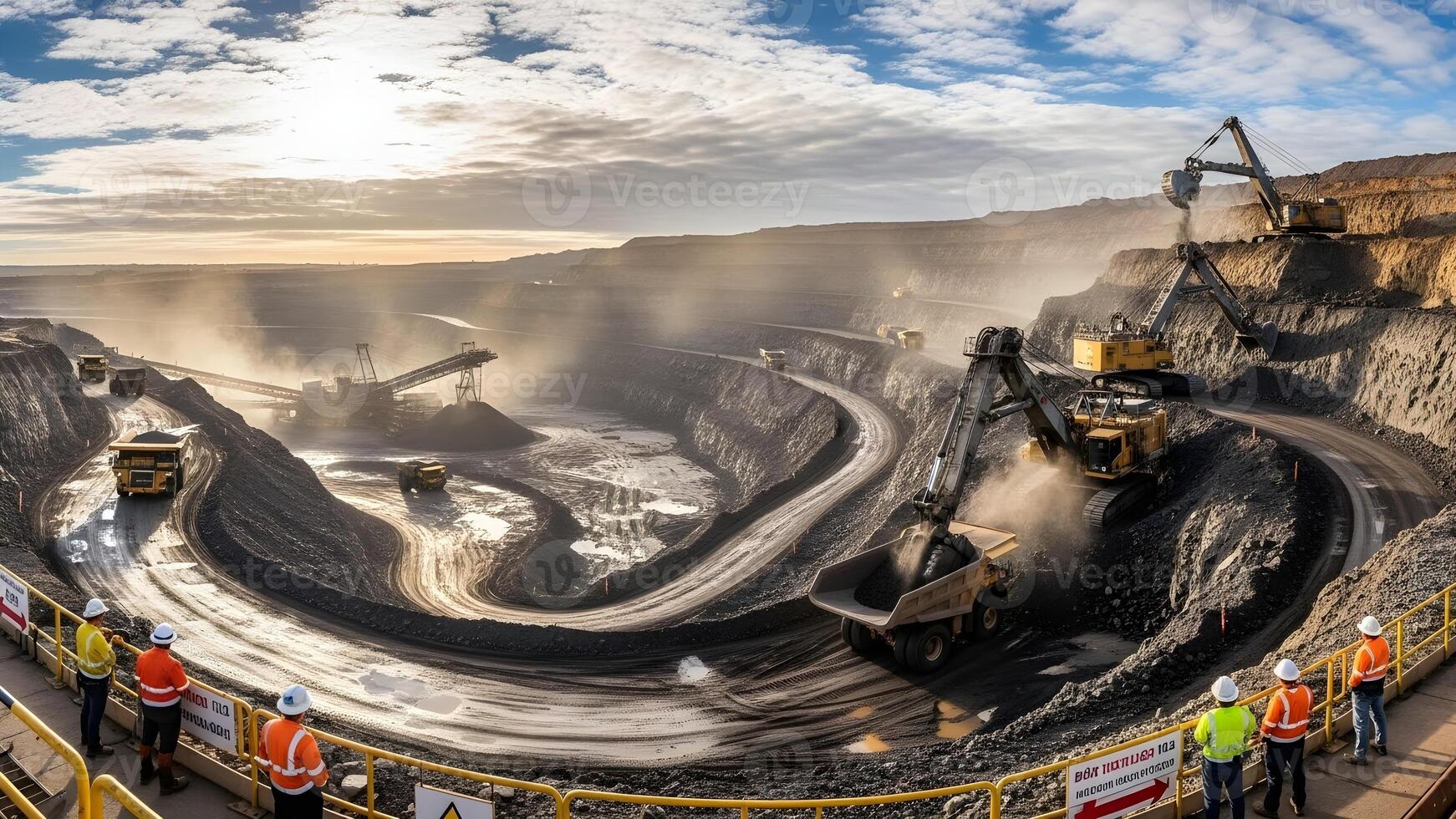 A wide angle view showcases large scale open pit mining with heavy machinery and winding roads under a cloudy sky. photo