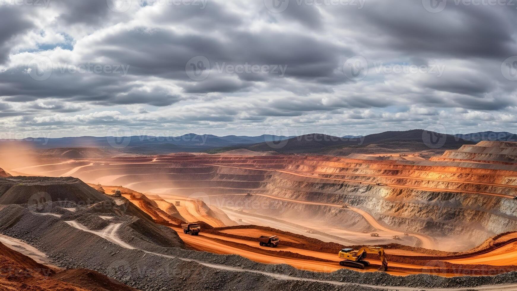 An expansive openpit mine with heavy machinery excavating valuable resources under a cloudy sky. photo
