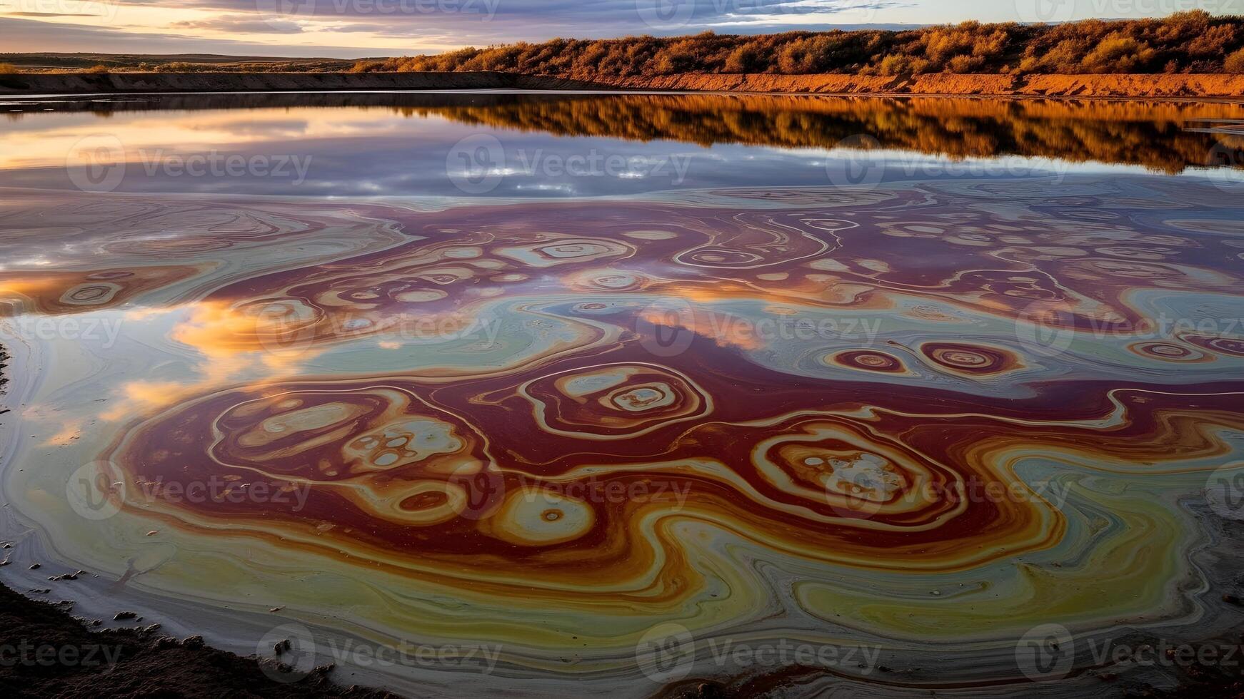 Mesmerizing abstract patterns of rich colors swirl across a reflective water surface under a warm sky. photo