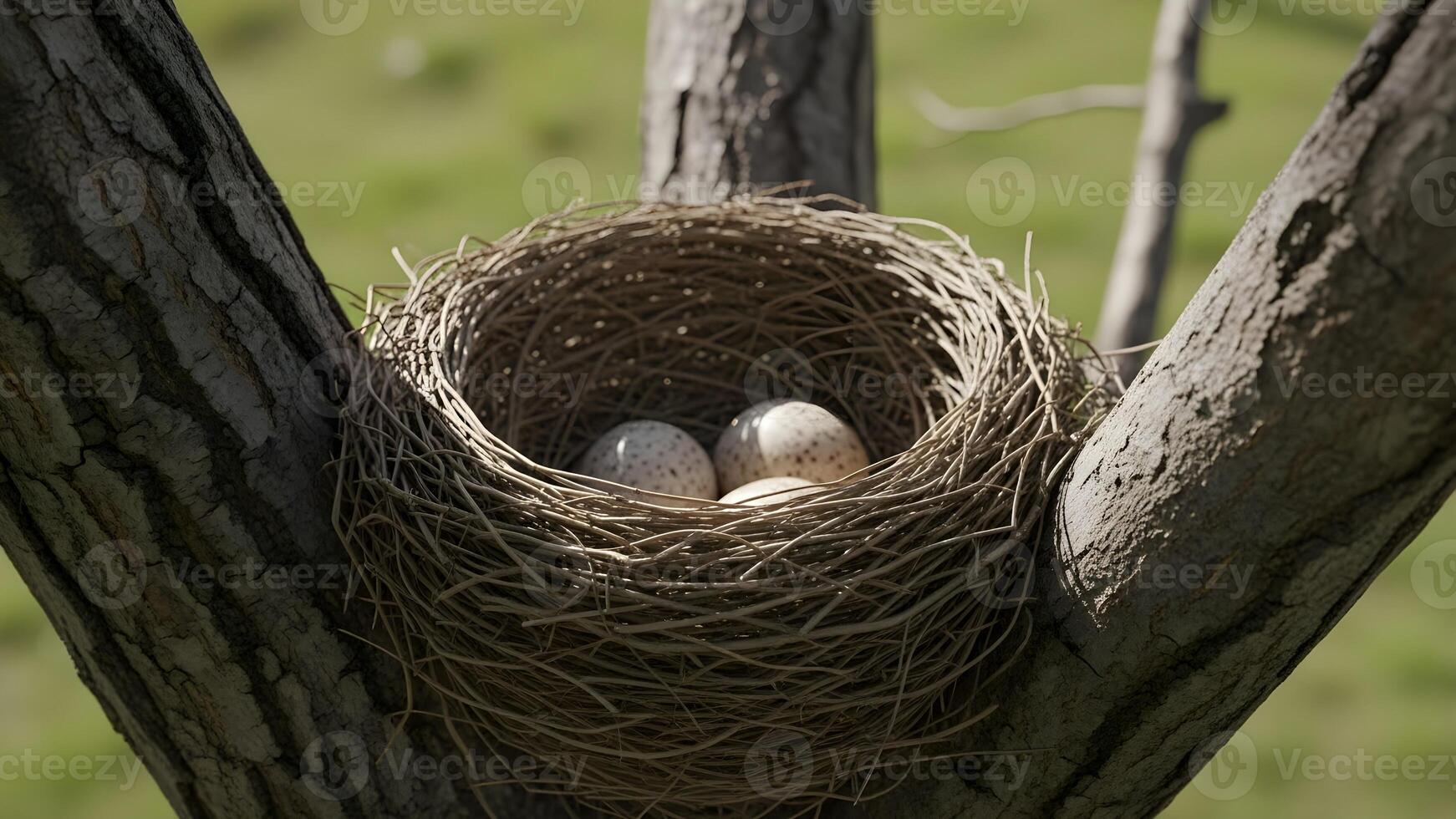 A birds nest with speckled eggs rests in the branches of a tree. photo