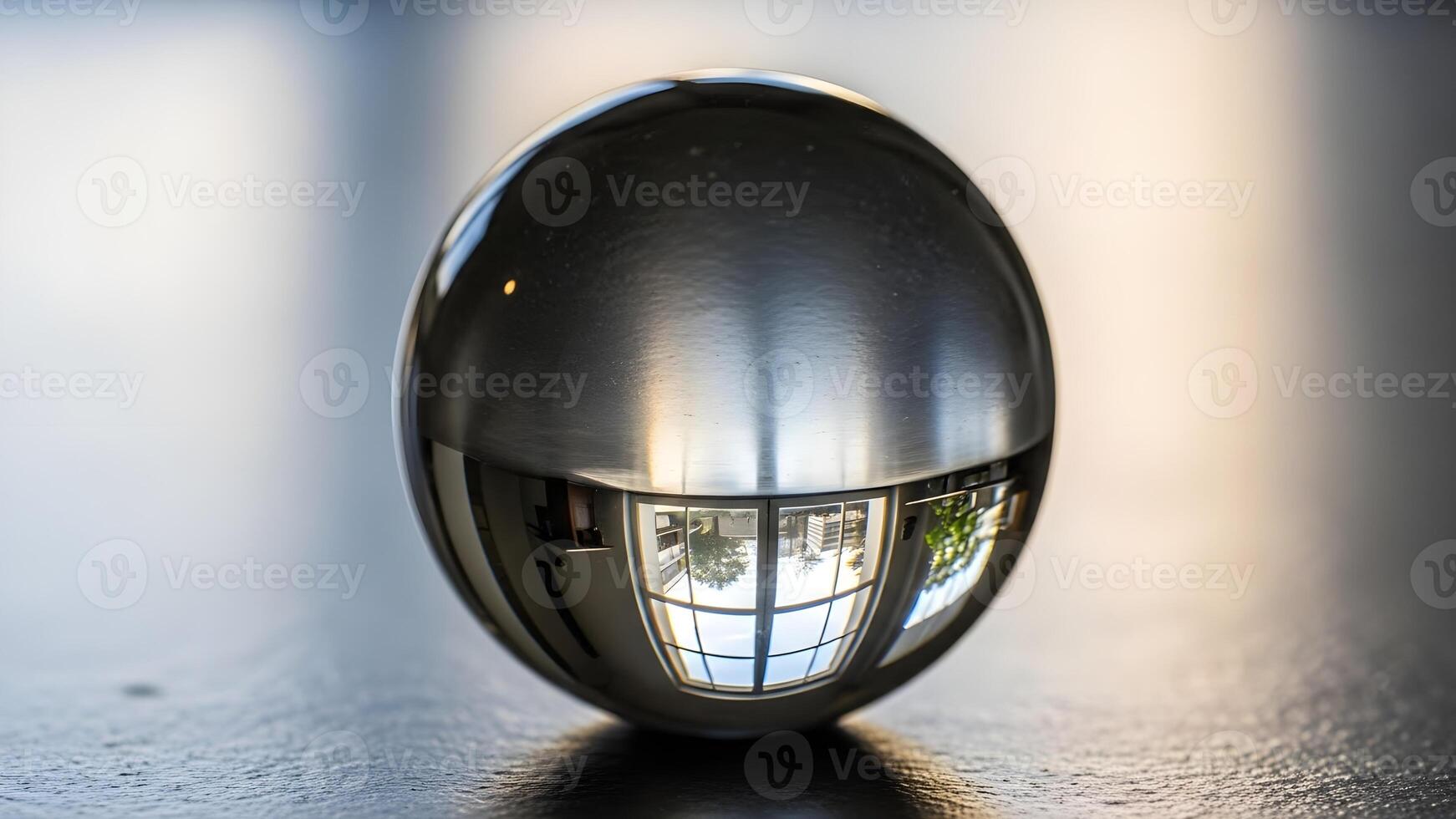 A highly reflective metal sphere displays a distorted reflection of its surroundings. photo