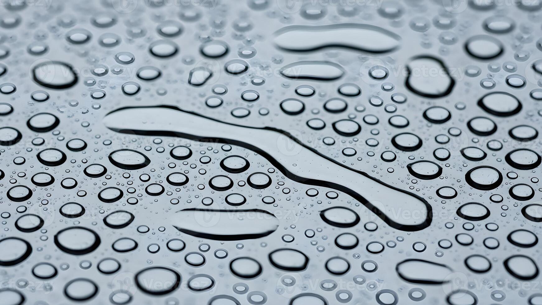 Numerous sparkling water droplets and trails create an abstract pattern on a smooth surface. photo