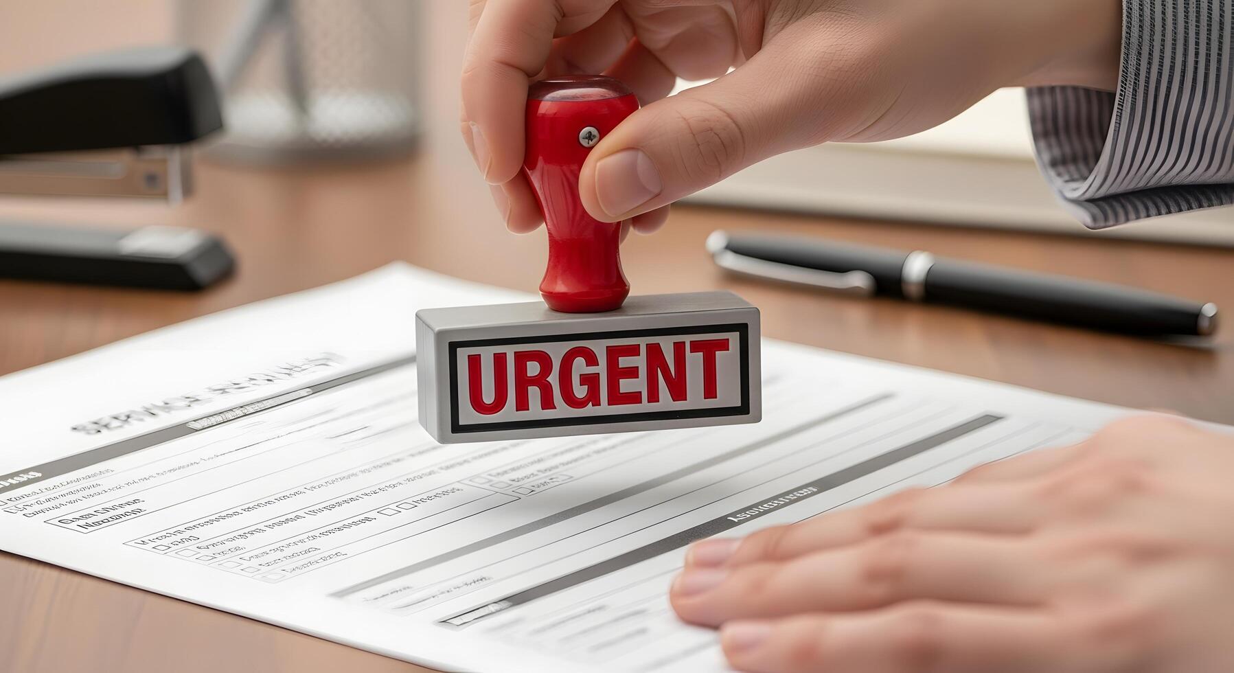 Hand stamping a document with the word URGENT, highlighting the importance of immediate action and priority in business processes photo