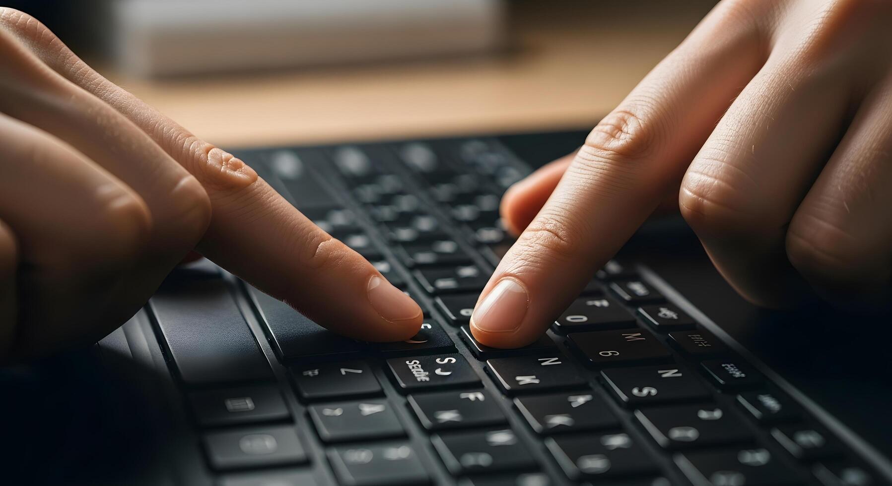 Typing on a computer keyboard with fingers poised to strike the keys, representing remote work, online communication, and digital information processing photo