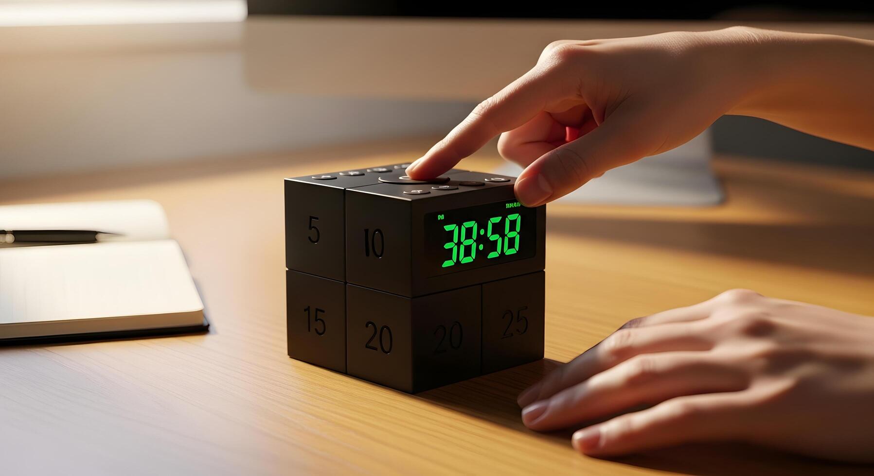 Focused individual setting a modern digital cube timer on a desk, emphasizing efficient time management and productivity in a work or study environment photo