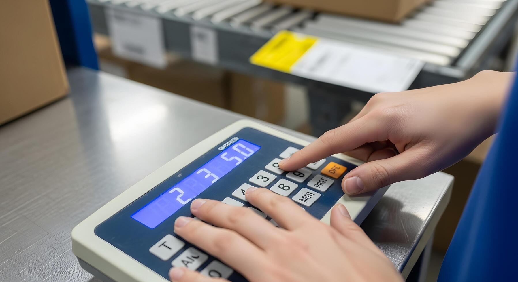 Professional logistics worker's hands meticulously operating a digital weighing scale to ensure accurate package measurement for efficient warehouse operations and timely shipping preparation photo