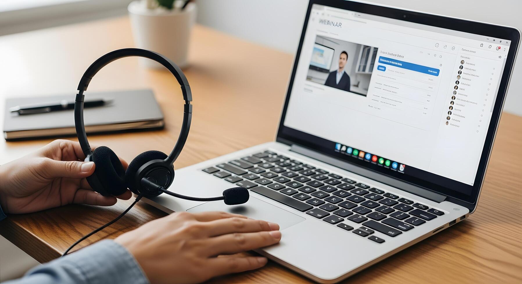 Remote professional attending a live webinar session on a laptop, using a headset for clear audio communication in a virtual business environment photo