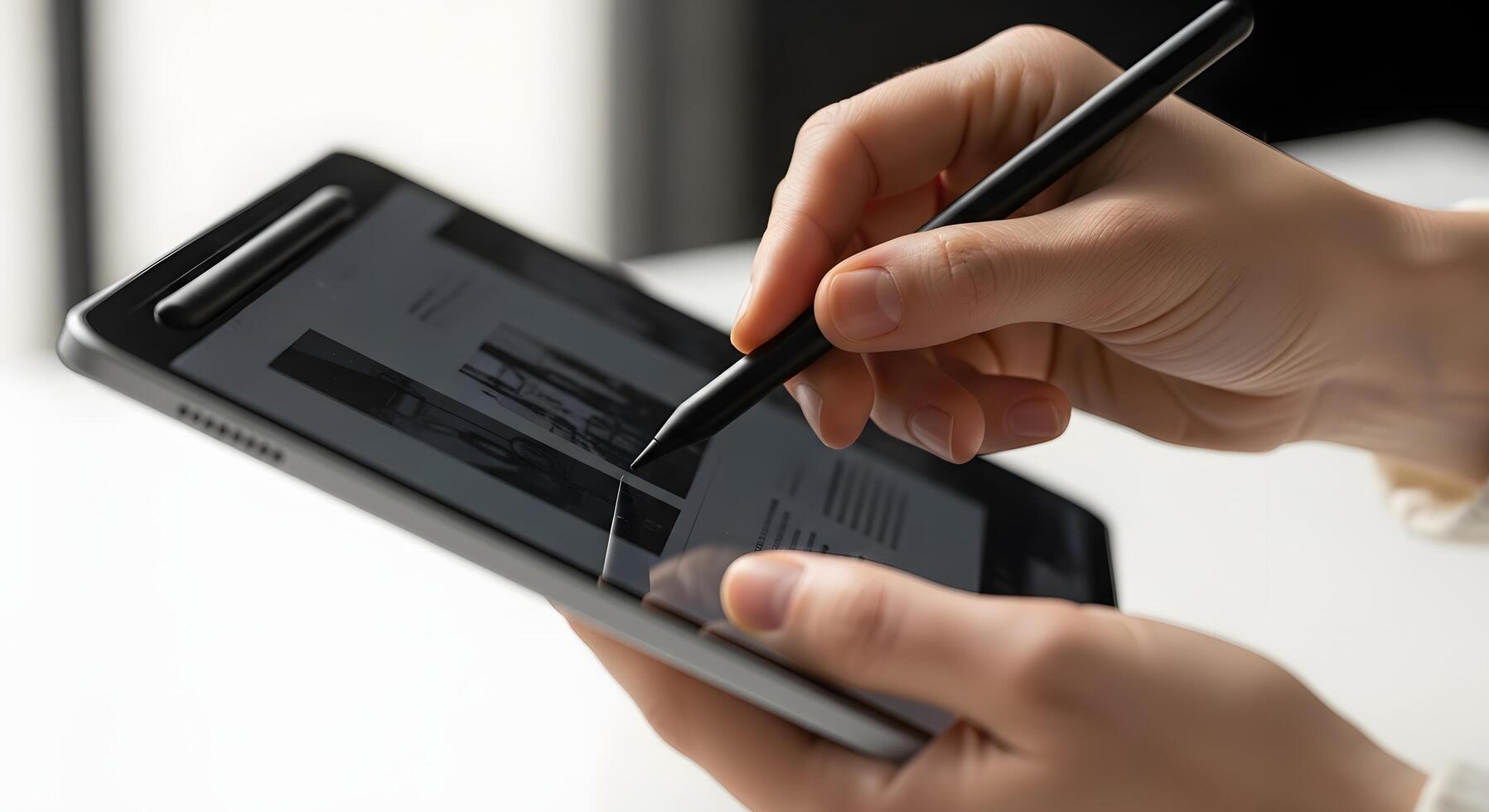 Person using a stylus to interact with a digital tablet displaying text and images, symbolizing modern communication and information access photo