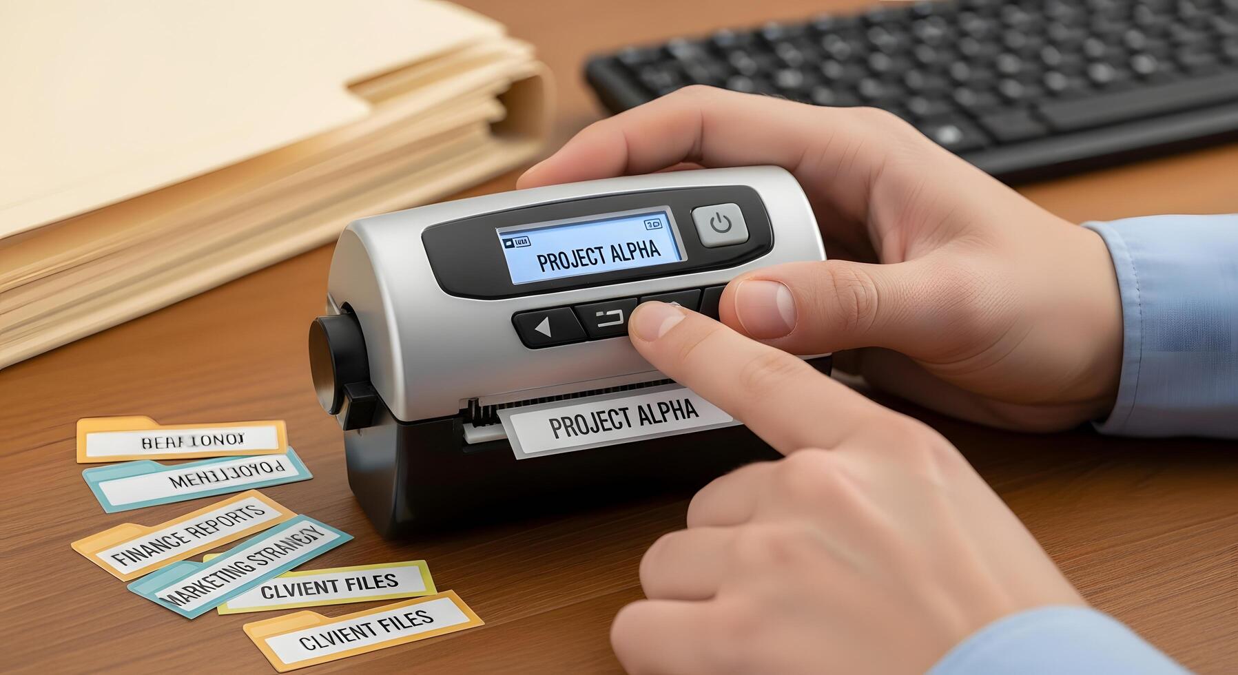 Person's hands operating a handheld label maker to create custom labels for organization and business document management photo