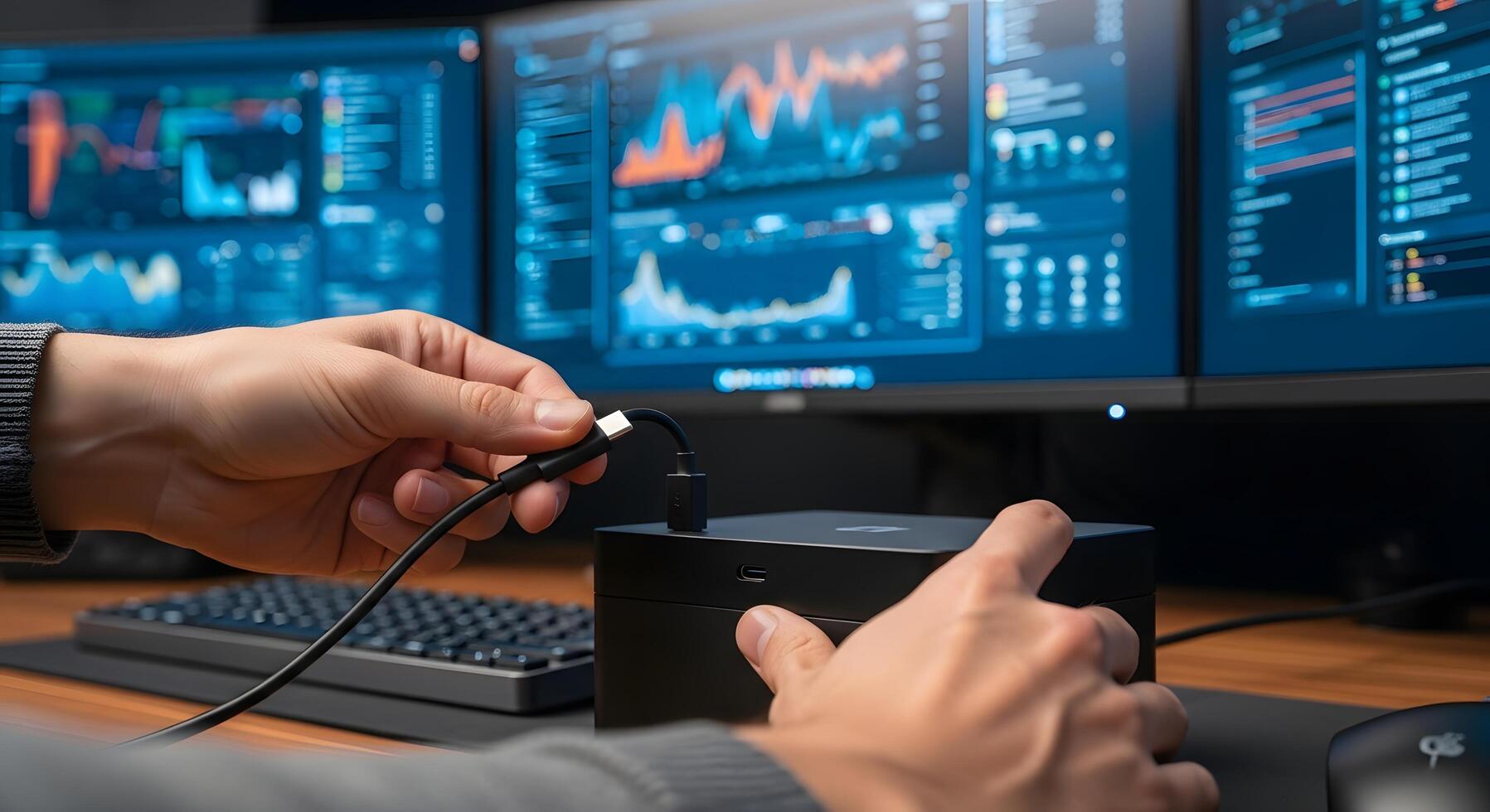 Connecting to the Future Hands Plugging in a Cable to Monitor Data and Business Analytics photo