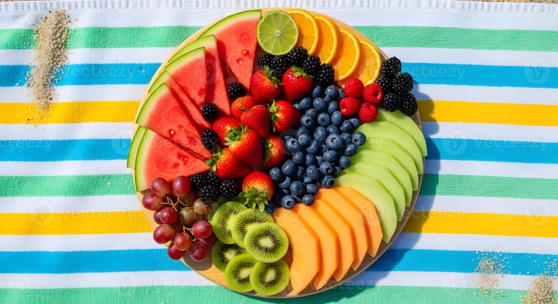 A Colorful Array of Fresh Fruits Displayed on a Striped Towel photo
