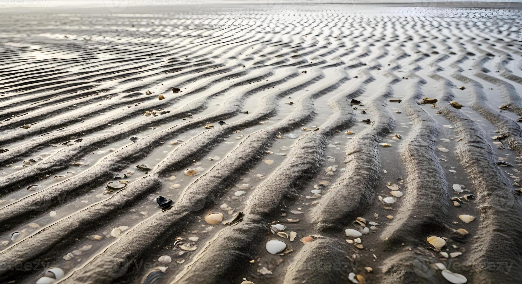 Intricate ripple patterns in wet sand, adorned with scattered shells on a tranquil tidal flat under soft light, showcasing nature's serene coastal artistry photo