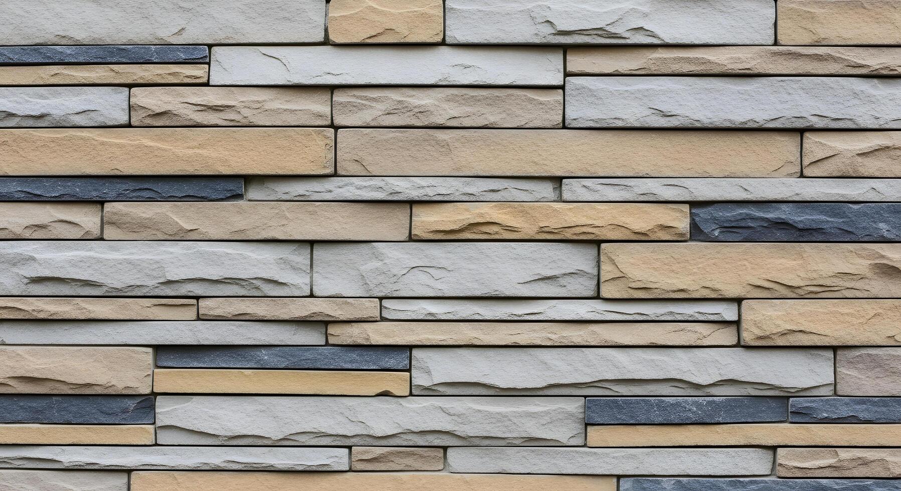 Rustic and Modern Stone Wall Cladding Texture Featuring Stacked Rectangular Blocks in Natural Beige, Grey, and Cream Tones, Creating a Decorative Architectural Background Surface photo